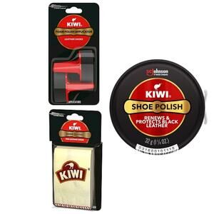 Kiwi Black Shoe Polish Care Kit 1.13oz + 2  Foam Applicators + 2 Shine Cloths